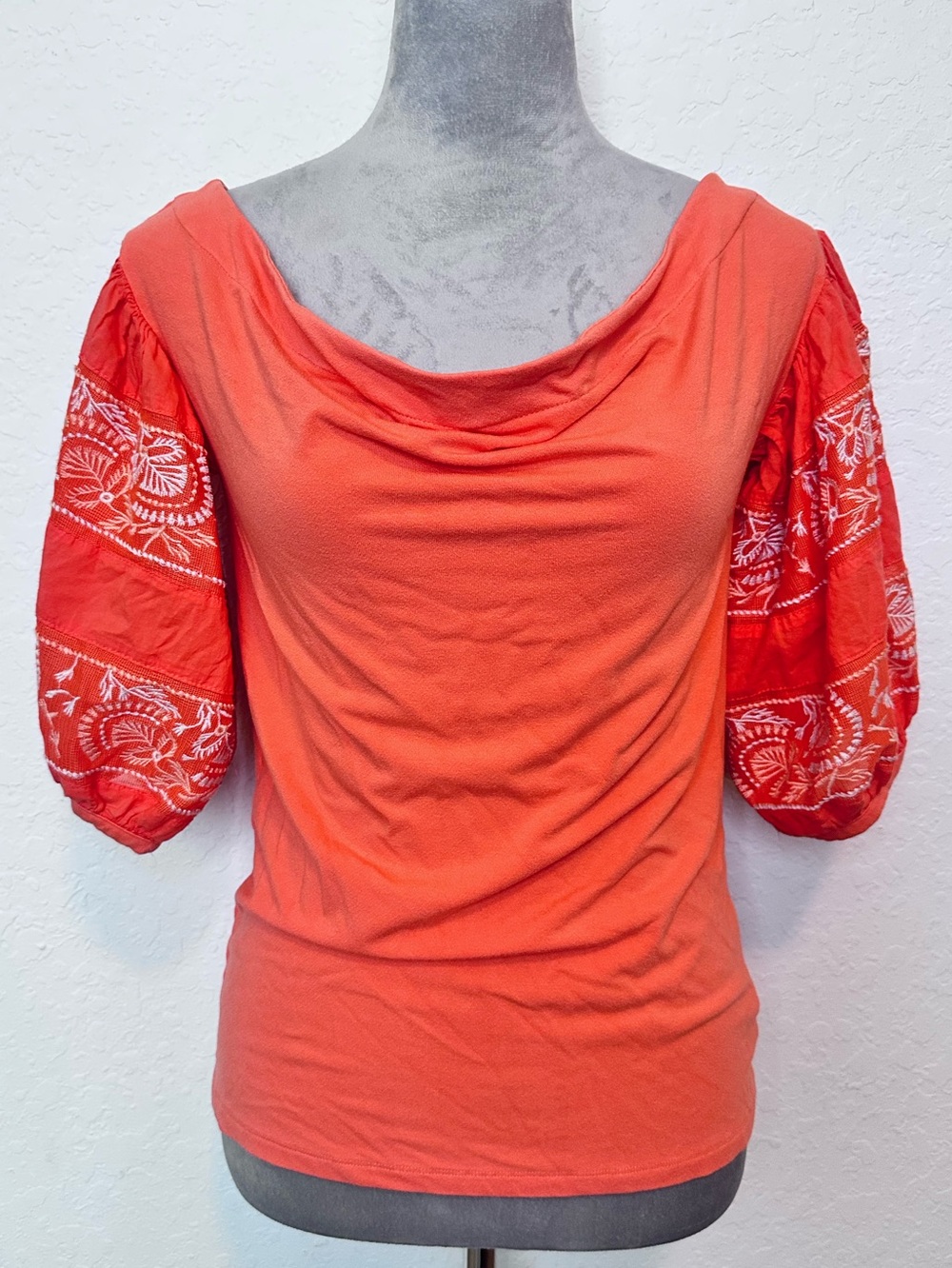 Free People Rock With It Top Womens S Coral Embroidered Puff Sleeve Boho